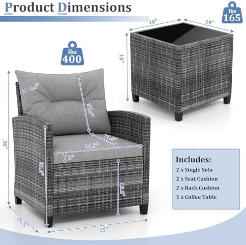 KOTEK 3 Piece Patio Furniture Set, Outdoor PE Rattan Conversation Set with Washable Cushions & Tempered Glass Tabletop, Wicker Chairs and Table Set for Porch, Garden, Balcony (Grey) - Image 6