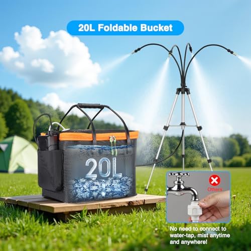 Portable Misting System with Standing, 6000mAh Water Cooling Misters Set for Outside Patio - 20L Bucket, 4.9FT(59IN) Adjustable Height for Outdoor, Beach, Pool, Water Playing, Sprinkler, Camping - Image 2