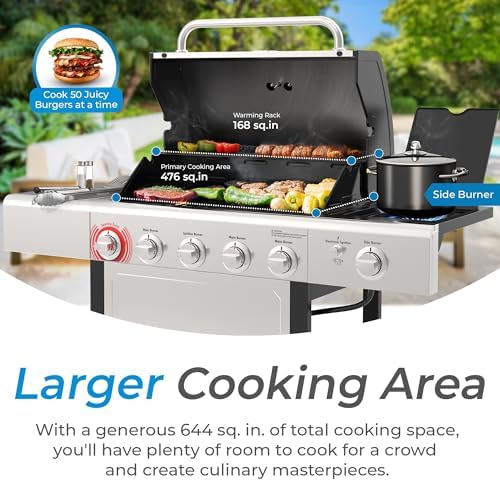 Kenmore BBQ Propane Gas Grill - 5 Burners with Side Burner & Searing Zone, 644 Sq. In. Stainless Steel Grill, 66,000 BTU, Ideal for Outdoor Cooking, Patio & Backyard, Silver - Image 2