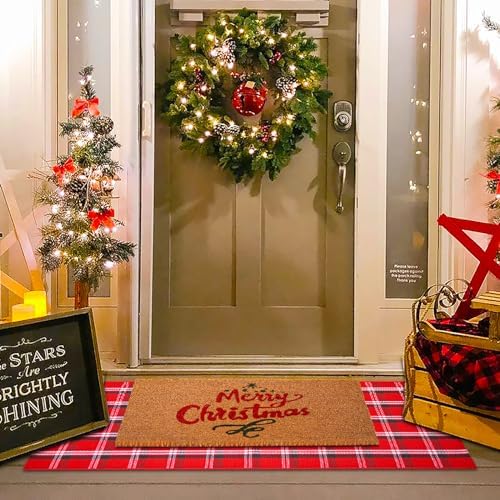 Christmas Red Green White Plaid Rug, 24"x 51" Cotton Hand-Woven Buffalo Check Layered Door Mat for Front Porch, Entryway, Outdoor Holiday Decor, Washable Farmhouse Rug for Home, Patio, Kitchen - Image 2