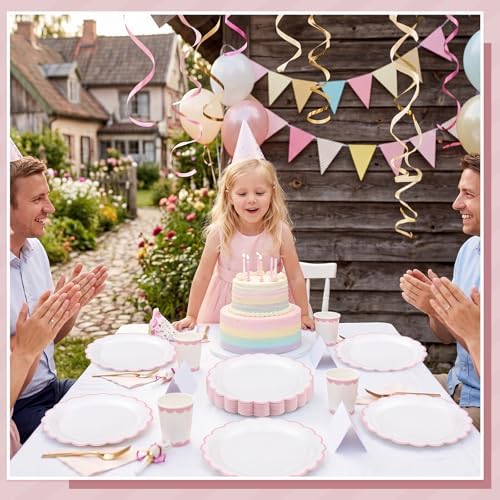 NatNarr 30 Pk Pink Paper Plates 9" Scalloped Pink White Party Plates - Image 6