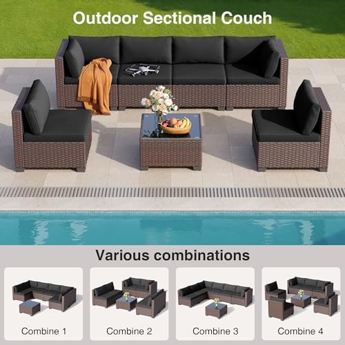 Qsun 7 Pieces Outdoor Patio Furniture Set, All-Weather PE Rattan Outdoor Patio sectional Furniture with Cushions and Glass Table, for Garden, Backyard, Porch, Black - Image 3