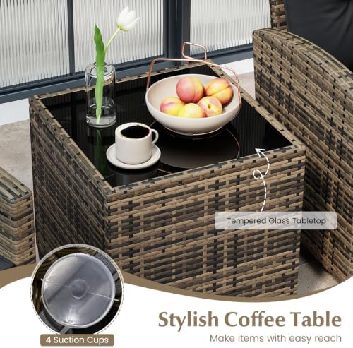 Tangkula 3 Piece Patio Furniture Set, Rattan Conversation Set w/Soft Seat & Back Cushions, Tempered Glass Topped Coffee Table, Cushioned Wicker Seating Set for Backyard, Porch, Poolside - Image 7