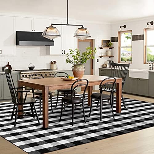 IOHOUZE 8x10 Buffalo Plaid Area Rug, Washable Indoor Outdoor, Black White - Image 2