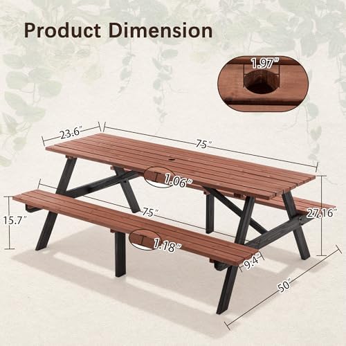 Brown 75" Rectangular Wooden Picnic Table for Outdoors - Image 2