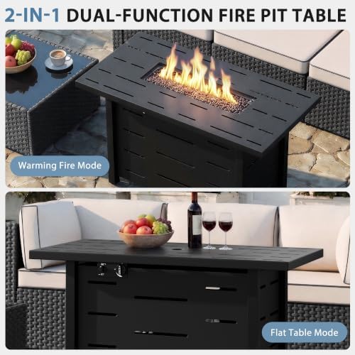 Shintenchi 6 Piece Outdoor Patio Furniture Set with 43 Inch Propane Fire Pit, Washable Cushions, Glass Coffee Table, Waterproof Cover & CSA Certified for Backyard Poolside, Black PE Rattan/Khaki - Image 6