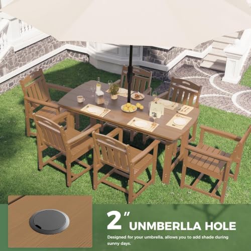 HDPE Outdoor Dining Set, Patio Table and 6 Chairs, 2" Umbrella Hole, Teak - Image 5