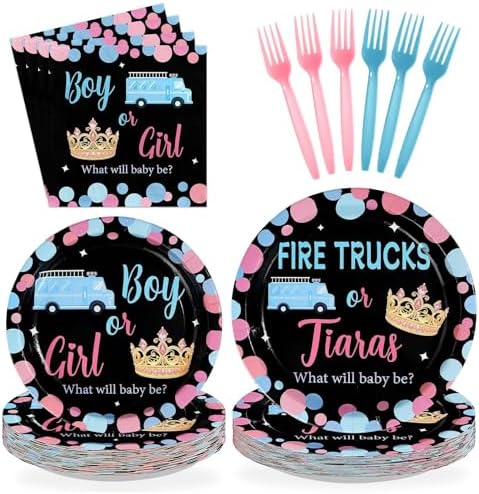 96 Pcs Fire Trucks or Tiaras Gender Reveal Party Decorations Serves 24 by Greencian