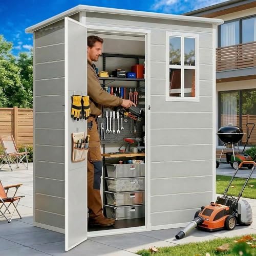 Gizoon 5x3 FT Resin Storage Shed with Floor, Plastic Shed, Grey by Gizoon