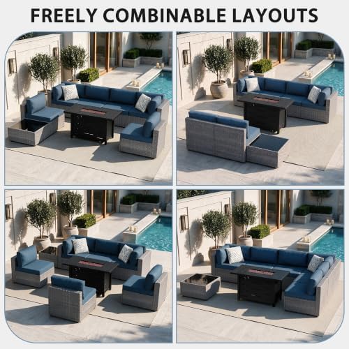 Shintenchi 8 Piece Outdoor Patio Furniture Set with 43 Inch Propane Fire Pit, Washable Cushions, Glass Coffee Table, Waterproof Cover & CSA Certified for Backyard Poolside, Silver PE Rattan/Navy Blue - Image 3