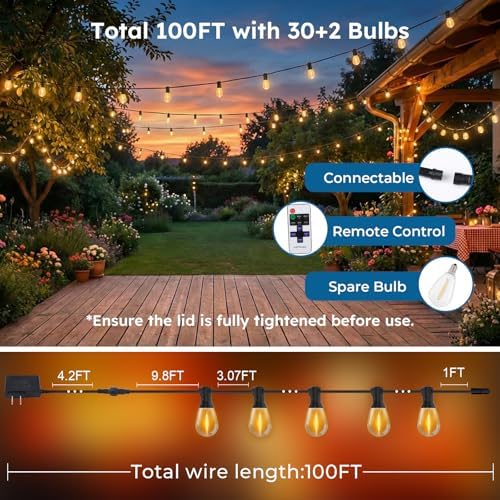 GvvooHome 100FT S11 LED Outdoor String Lights with App & Remote, Low-Voltage Patio Lights with Music Sync, 4 Lighting Modes, Dimmable, Waterproof LED Lights for Backyard, Porch, Garden, Deck, Party - Image 7