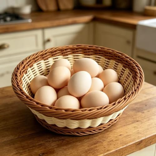 RT&BS 2pcs Round Wicker Bread Basket, Round Wicker Fruit Basket, Woven Egg Baskets, Reusable Handwoven Storage Baskets for Living Room, Kitchen, Store, Restaurant, Outdoor, Party (Bicolor, S) - Image 5