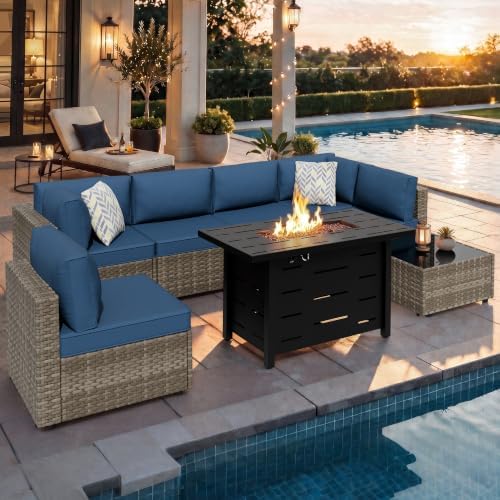 Shintenchi 8 Piece Outdoor Patio Furniture Set with 43 Inch Propane Fire Pit, Washable Cushions, Glass Coffee Table, Waterproof Cover & CSA Certified for Backyard Poolside, Natural PE Rattan/Navy Blue by Shintenchi%7CFurnitureMadeforRealLife