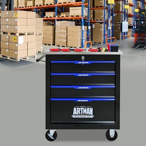 4-Drawer Heavy-Duty Rolling Steel Tool Cart with Handle&Wheels, Metal Storage Organizer Cabinet, Tool Chest for Efficient Tool Storage in Garage, Warehouse, Workshop, Repair Shop, Blue - Image 2