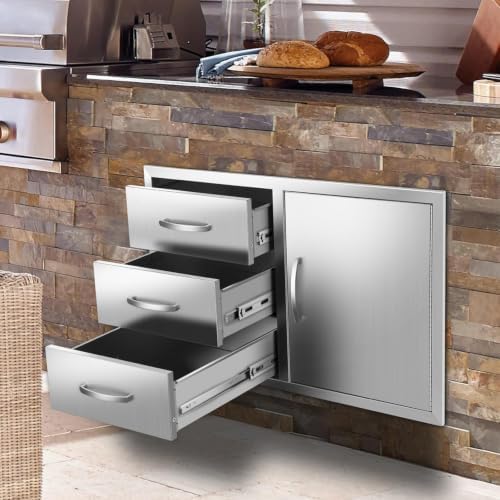 Outdoor Kitchen Drawer Combo Cabinet Outdoor Kitchen Stainless Steel Trash Triple Drawers For BBQ Island Grill Station (Drawer Combo-38.3Wx22.7Hx20.7D with Handles) - Image 2