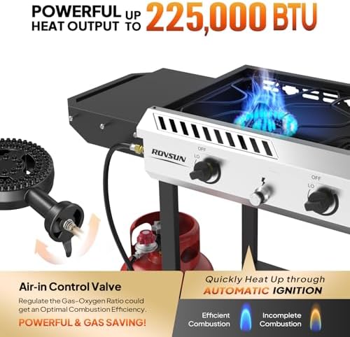 ROVSUN 3 Burner Propane Stove with Auto Ignition, 225,000 BTU Gas Stove with Side Shelves, Rolling Wheels & Regulator for Home Outdoor Backyard Camping Cooking Frying Brewing Canning - Image 3