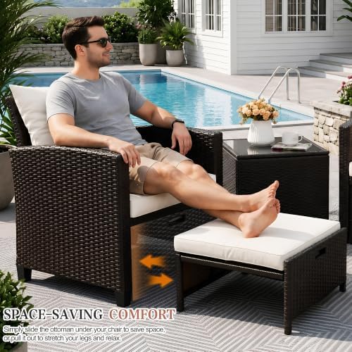 Vongrasig Patio Chair with Ottoman, 5 Pieces Patio Furniture Set Small Balcony Furniture, Rattan Patio Chairs Set of 2 with Glass Table for Front Porch Garden (Beige) - Image 4