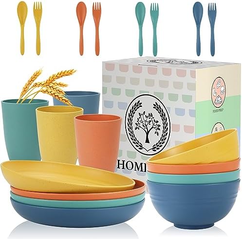 Homienly Wheat Straw Plates and Bowls Sets Unbreakable Dinnerware Set 20 PCS Dish Set for Camping, Party, Picnic Microwave and Dishwasher Safe Kitchen Dinner Set Apartment Essentials (Multicolor) by HOMIENLY