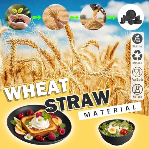 Wheat Straw Dinnerware Sets for 8, 32 PCS Unbreakable Plates and Bowls Sets, Reusable Dinnerware Set for Kitchen Outdoor and Apartment Dinning Essentials - Black - Image 5