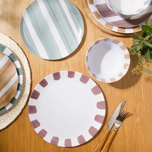Gibson Home Cottage Stripes 12-Piece Melamine Plates and Bowls Dinnerware Set - Outdoor, Camping, & Everyday Use - Assorted Colors - Image 6