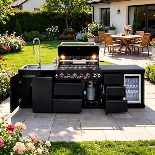 114'' Outdoor Kitchen Island, All-In-One 6 Burner Modular Outdoor Kitchen for Backyards, 83500 BTU, BBQ Grill with 304 Stainless Steel, Black Outdoor Kitchens with Sink, Refrigerator by Unknown