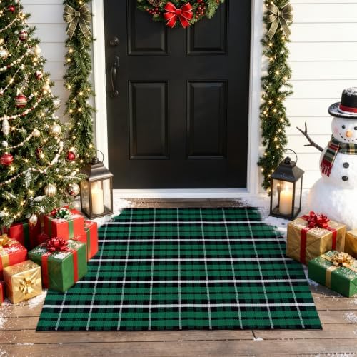 OJIA Christmas Door Mat Outdoor 27.5"x43" Green Plaid Porch Front Door Rug - Image 5