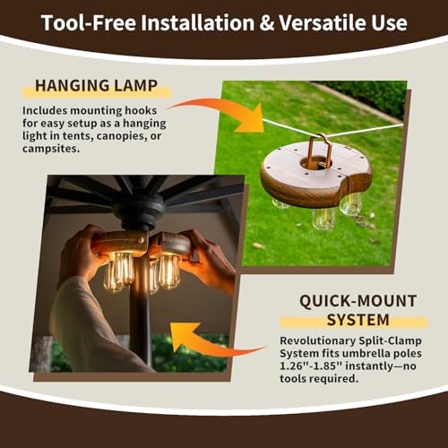 Dark Wood Grain Patio Umbrella Light with Remote Control, Rechargeable Cordless LED Edison Bulbs Pole Light with 10 Brightness Levels for Garden, Patio, Backyard, Camping or BBQ (1 Pack) - Image 4