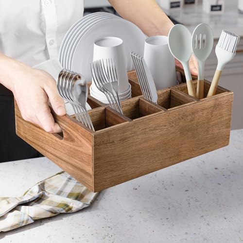 VaeFae Acacia Silverware Caddy, Utensil Holder with Handle - Image 4