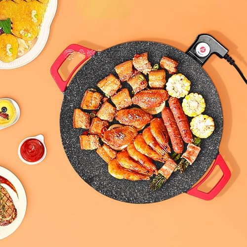 Electric Smokeless Grill, Non-Stick BBQ Griddle with Temperature Control, Round Cooking Surface with Red Handles, Indoor Barbecue Pan for Meat and Seafood (15.7) - Image 3