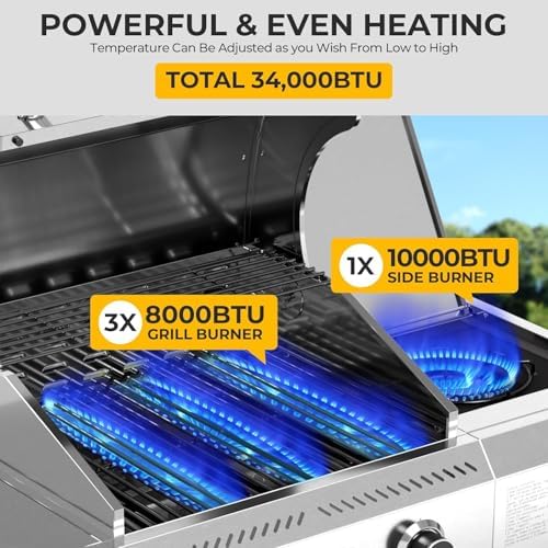 Electactic 3-Burner Propane Gas Grill with Side Burner, 34,000 BTU, Stainless Steel Barbecue Grill with Enameled Cast Iron Grates, Built-In Thermometer, Portable BBQ Grill for Outdoor Cooking, Patio - Image 3
