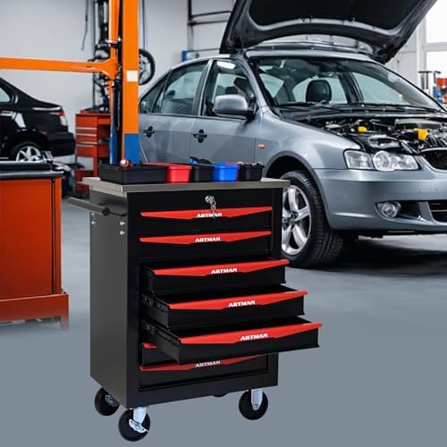 7-Drawer Heavy-Duty Rolling Steel Tool Cart with Handle&Wheels, Metal Storage Organizer Cabinet, Tool Chest for Efficient Tool Storage in Garage, Warehouse, Workshop, Repair Shop, Black&RED - Image 2