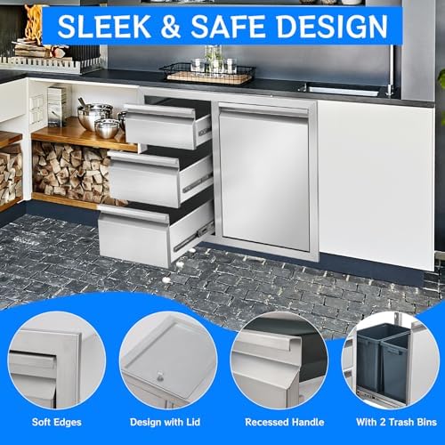 Outdoor Kitchen Drawer Combo, Stainless Steel Triple Drawer Cabinet with Built-in Trash Bin Drawer & Two Trash Cans, 28" W x 22" H x 19.5" D Outdoor Kitchen Storage for BBQ Grill Islands - Image 4