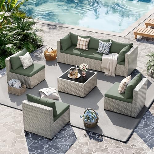 UDPATIO Outdoor Patio Furniture Set 7 Pcs Wicker Sectional Sofa Green - Image 6
