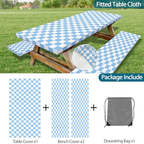 Picnic Table Cover with Bench Covers and Bag, Blue and White Checkered Gingham Buffalo Plaid Camping Tablecloth Waterproof Windproof Elastic Edges Fitted Tablecloths for Outdoor Garden 3PCS 30x60 Inch - Image 7