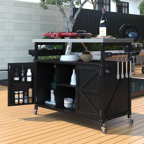 Merax Outdoor Kitchen Island, Rolling Bar Cart & Storage Cabinet, Farmhouse Solid Wood Outdoor Grill Table with Stainless Steel Top, Spice Rack, Towel Rack for Kitchen & Barbecue, Black - Image 3