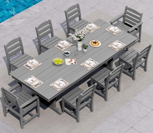 SERWALL 9Pcs HDPE Outdoor Dining Set w/6 Armless, 2 Armchairs for 8,Gray by SERWALL