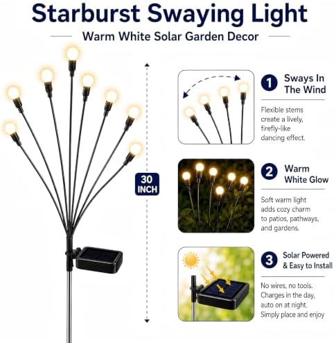 TONULAX Solar Garden Lights - Upgraded Solar Swaying Light, Sway by Wind, Outdoor Lights, Yard Patio Pathway Decoration, High Flexibility Iron Wire & Heavy Bulb Base, Warm White (4 Pack) - Image 2