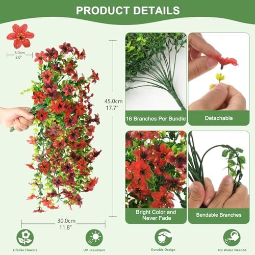 Artificial Flowers for Outdoors, 2 Pcs Faux Hanging Plants UV Resistant - Image 5