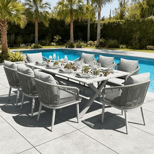 LayinSun 9 Pieces Outdoor Patio Dining Set, Aluminium Rectangular Dining Table and Wicker Rattan Chairs Set for Outside Backyard, Poolside by LayinSun