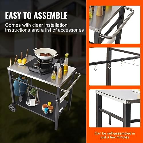VEVOR Outdoor Grill Dining Cart with Double-Shelf, BBQ Movable Food Prep Table, Multifunctional Stainless Steel Table Top, Portable Modular Carts for Pizza Oven, Worktable with 2 Wheels, Carry Handle - Image 6