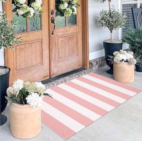 Pink and White Layered Doormat 27.5"x43.3"Washable Striped Outdoor Rug - Image 6