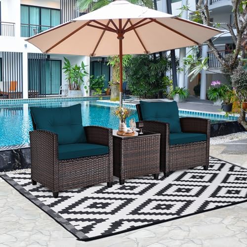 Tangkula 3 Pieces Patio Furniture Set, PE Rattan Wicker 3 Pcs Outdoor Sofa Set w/Washable Cushion and Tempered Glass Tabletop, Conversation Furniture for Garden Poolside Balcony (Prussian Blue) - Image 3