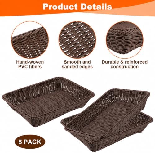 5 Pack 15.8" Large Wicker Bread Baskets, Coffee Brown Woven Serving Basket - Image 3
