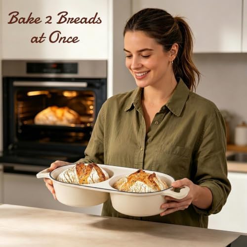 Enameled Cast Iron Double Round Bread Loaf Pot with Lid –Cream White - Image 5