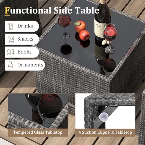 KOTEK 3 Piece Patio Furniture Set, Outdoor PE Rattan Conversation Set with Washable Cushions & Tempered Glass Tabletop, Wicker Chairs and Table Set for Porch, Garden, Balcony (Beige) - Image 5