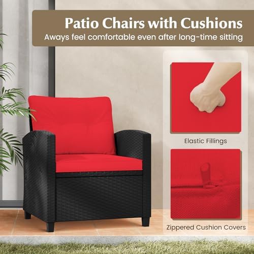 Tangkula 3 Pieces Patio Furniture Set, Rattan Conversation Set w/Soft Seat & Back Cushions, Tempered Glass Topped Coffee Table, Cushioned Wicker Seating for Backyard, Porch, Poolside (Red) - Image 7