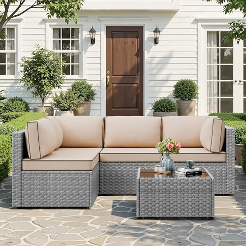 JAMFLY 5-Piece All-Season Wicker Patio Sofa Set with Thick Cushions & Coffee Table, Modular Indoor Outdoor Furniture for Poolside, Garden, Sunroom & Porch, Khaki - Image 3