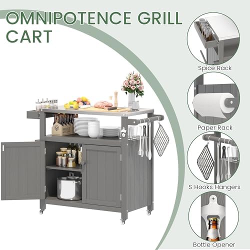 Weatherproof HIPS Outdoor Kitchen Island with Stainless Steel Top & Storage Cabinet, Movable Prep Table with Wheels for BBQ Food Prep, Outdoor Grill Cart for Parties, Grey - Image 2