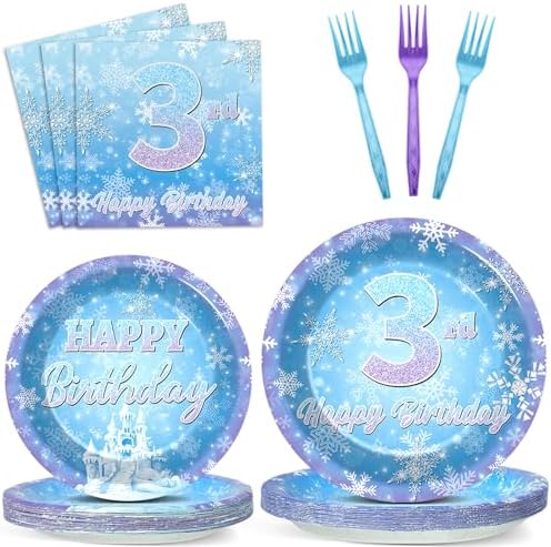 Snowflake Winter Wonderland 3rd Birthday Paper Plates Napkins Forks Disposable Dinnerware Happy 3rd Birthday Blue and Purple Winter Snowflake Tableware for Kids Christmas onderland Party Decorations by Oitnlaughter