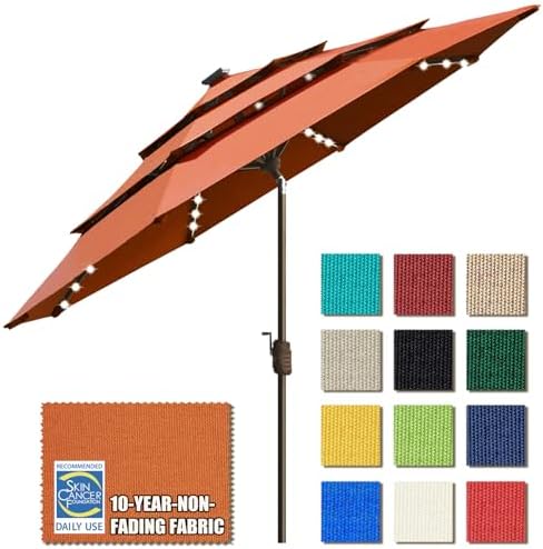 EliteShade USA 10-Year-Non-Fading 9ft 3-Tier Market Patio Umbrella, Commercial Table Umbrella with 80 Solar LED Lights, Crank Open, Windproof & UPF 50+ UV Protection for Garden, Deck, Pool, Backyard, Rust by EliteShade